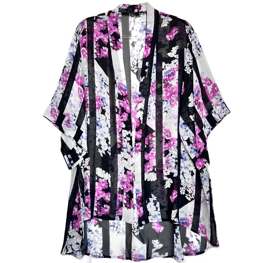 Zac &‎ Rachel Kimono Women's Medium Black Floral/Stripe Chiffon Top Boho